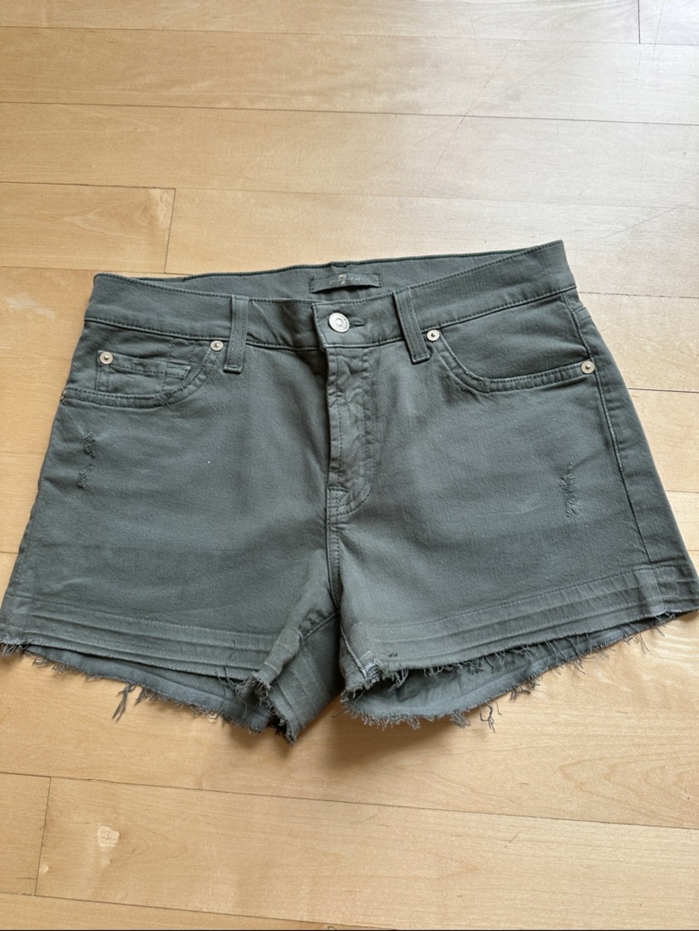 7 For All Mankind Olive Green Frayed Hem Denim Shorts / new no tags